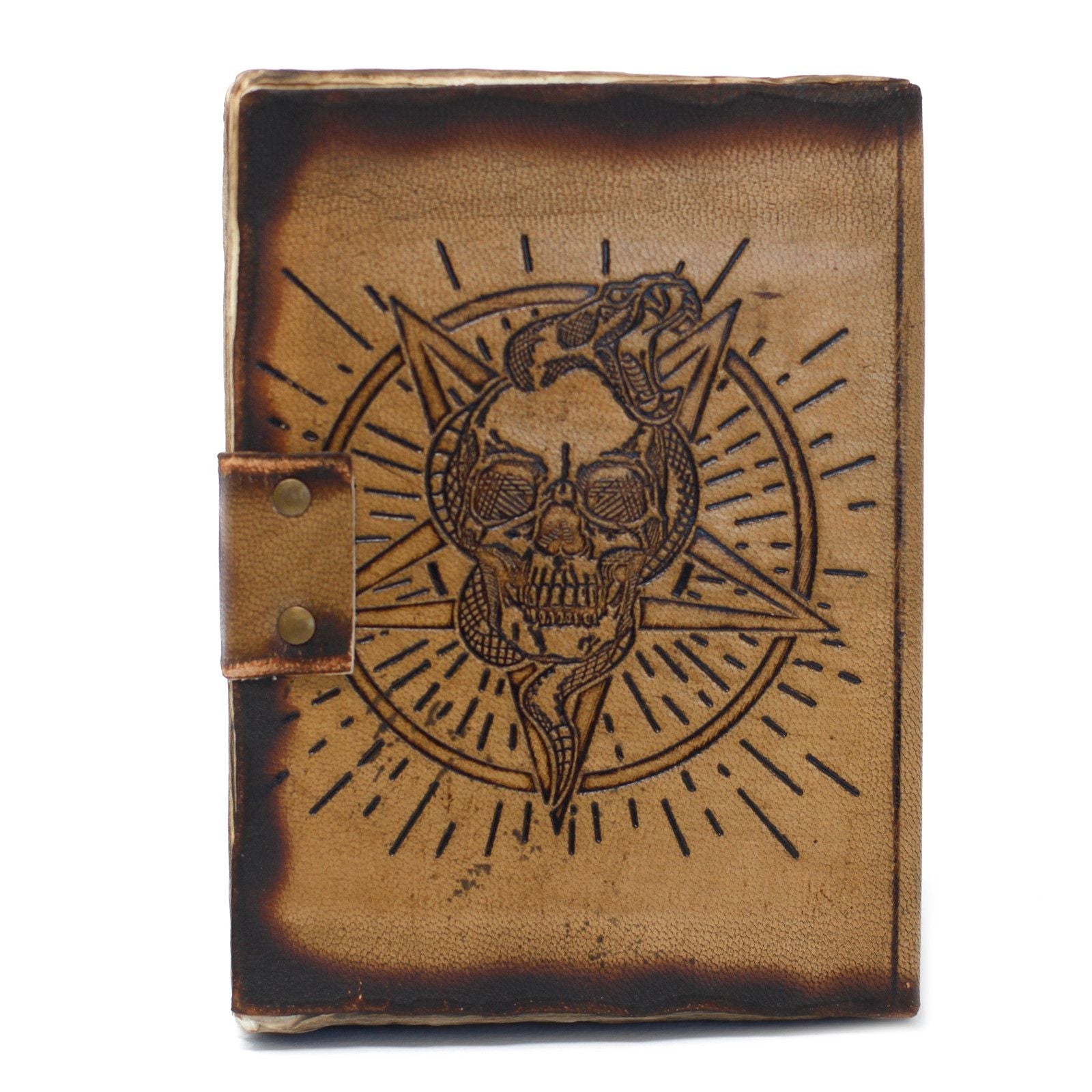 Leather Pentagon & Skull with Burns Detail Notebook (7x5") - Luna Panther