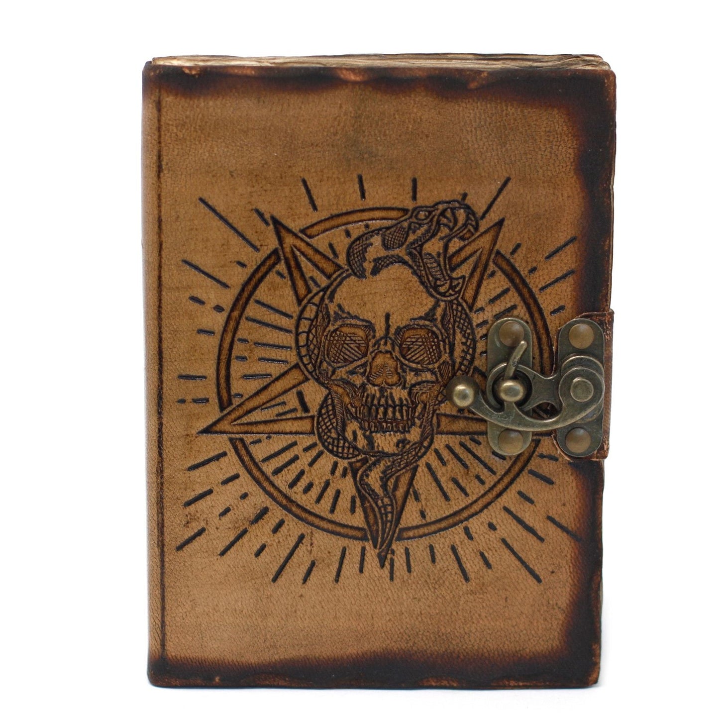 Leather Pentagon & Skull with Burns Detail Notebook (7x5") - Luna Panther