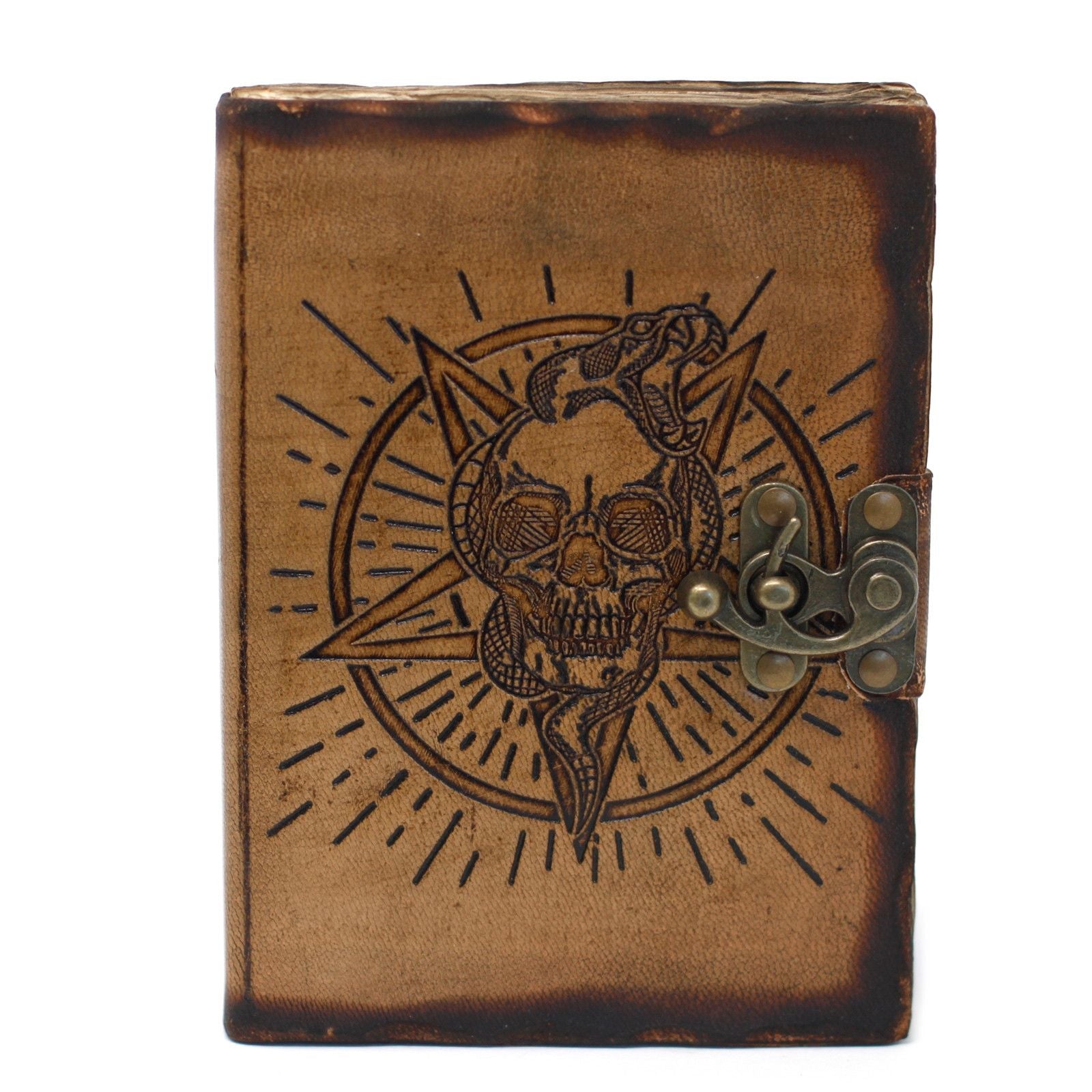 Leather Pentagon & Skull with Burns Detail Notebook (7x5") - Luna Panther