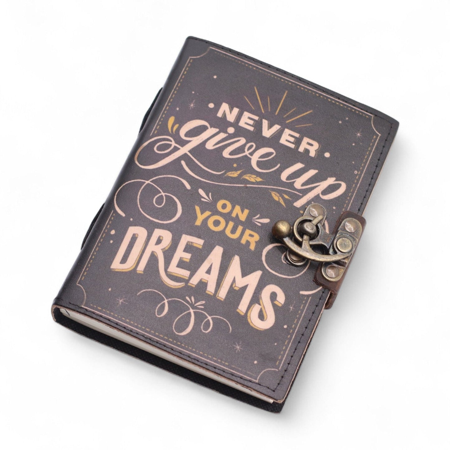 Leather Printed Notebook - Never Give Up On Your Dreams - 17.8×12.7 cm - Luna Panther