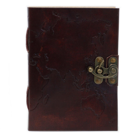 Leather World Map & Stitching Notebook (7x5") - Luna Panther