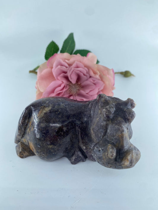 Polished Lepiodite Hand Carved Hippopotamus 496g featuring natural patterning and unique variations - Luna Panther