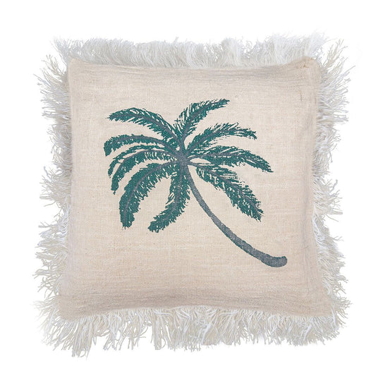 Linen Cushion Cover 45x45cm Palm Tree with Fringe - Luna Panther