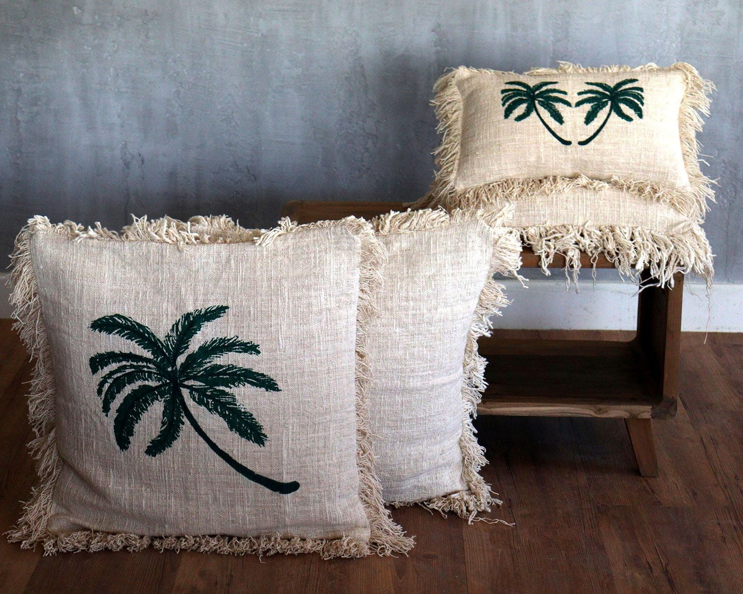 Linen Cushion Cover 45x45cm Palm Tree with Fringe - Luna Panther