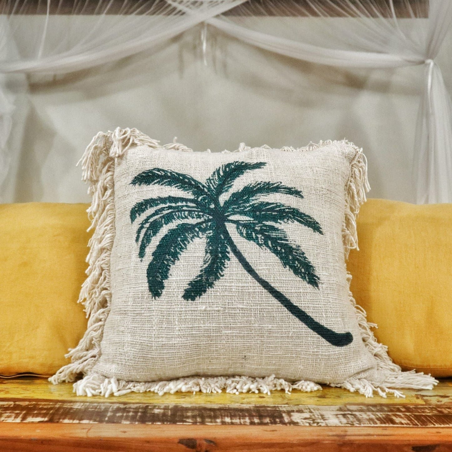 Linen Cushion Cover 45x45cm Palm Tree with Fringe - Luna Panther