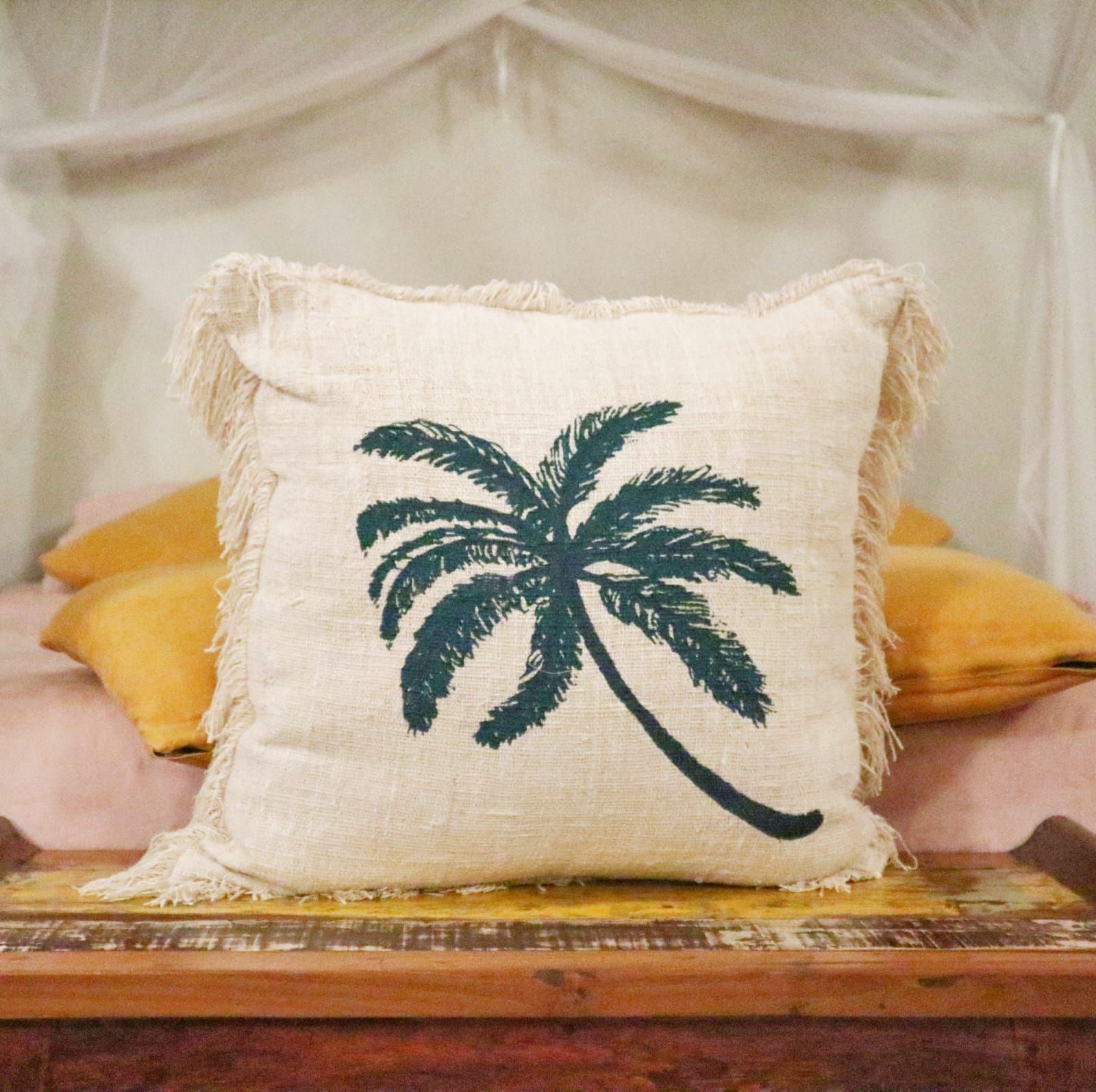 Linen Cushion Cover 60x60cm Palm Tree with Fringe - Luna Panther