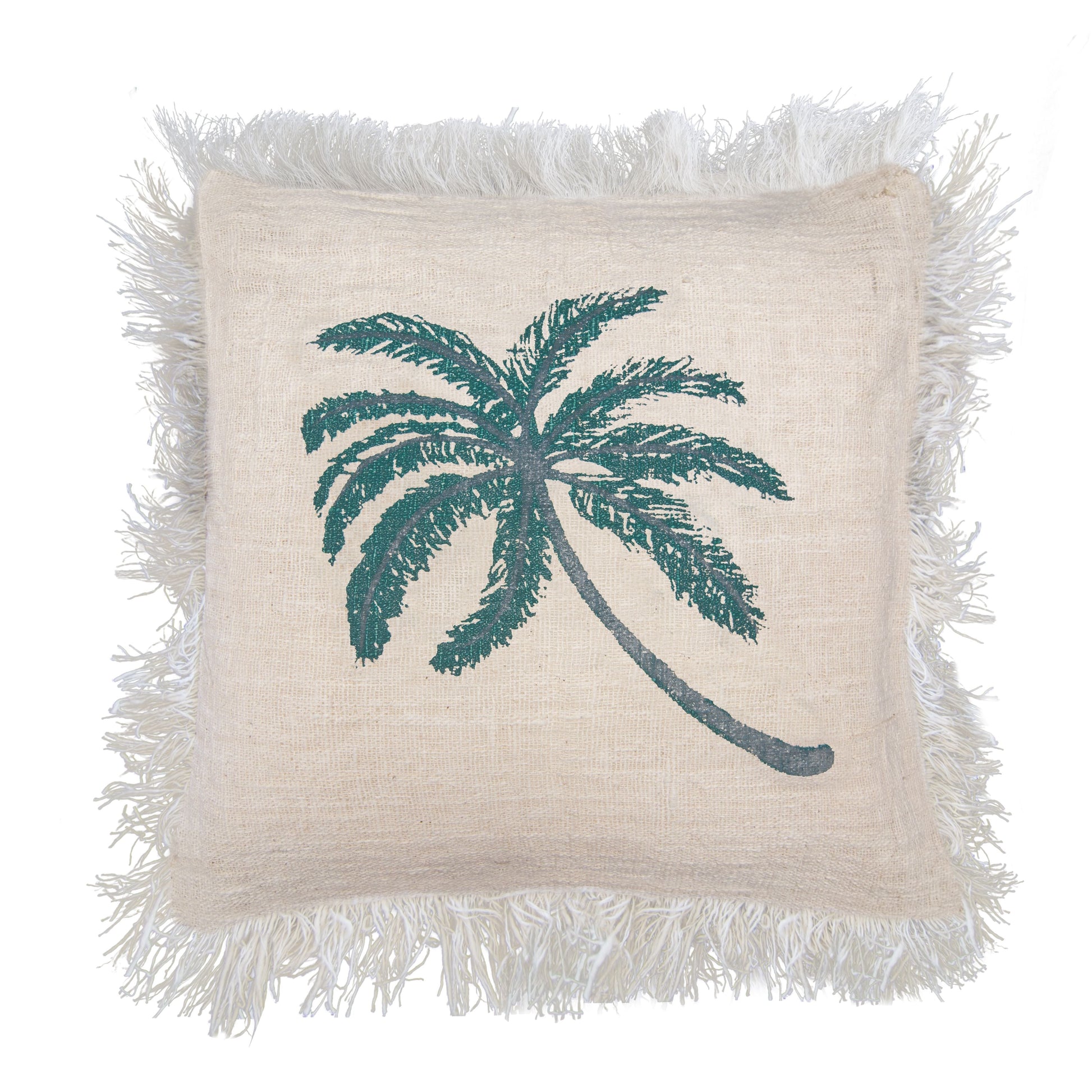 Linen Cushion Cover 60x60cm Palm Tree with Fringe - Luna Panther