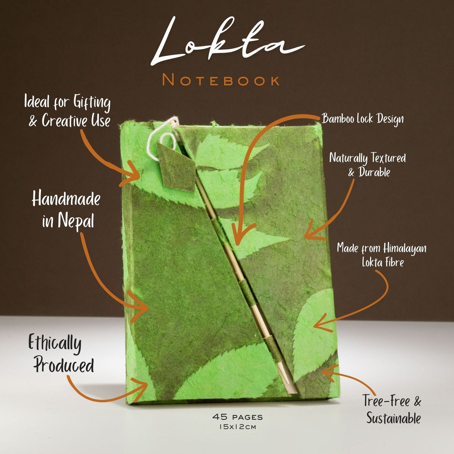 Lokta Bold Floral Bamboo Lock Notebook - Medium (15x12cm) - 45 Leaves - Moss Green - Luna Panther