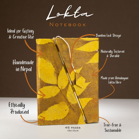 Lokta Bold Floral Bamboo Lock Notebook - Medium (15x12cm) - 45 Leaves - Mustard Brown - Luna Panther