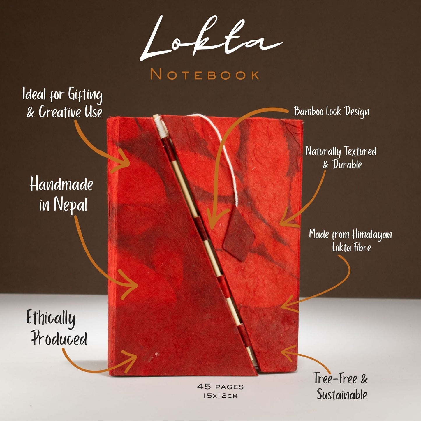 Lokta Bold Floral Bamboo Lock Notebook - Medium (15x12cm) - 45 Leaves - Ruby - Luna Panther
