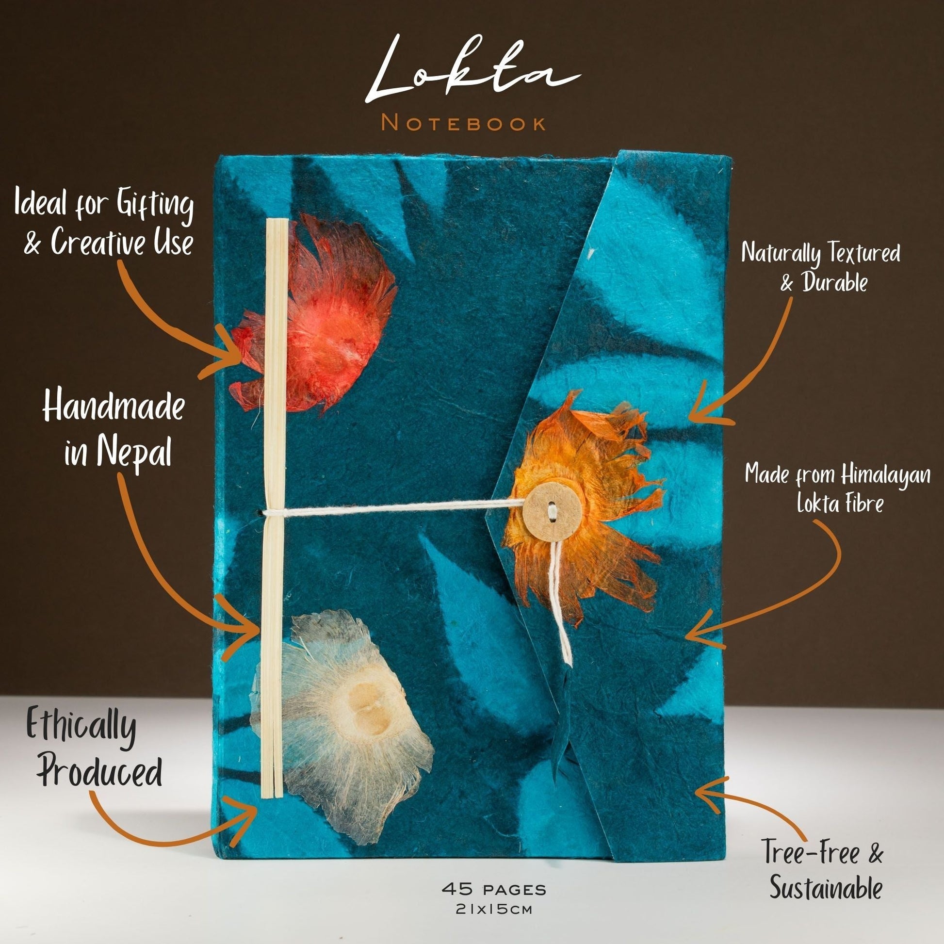 Lokta Bold Floral Notebook - Large (21x15cm) - 45 Leaves - Includes Bookmark - Midnight Blue - Luna Panther