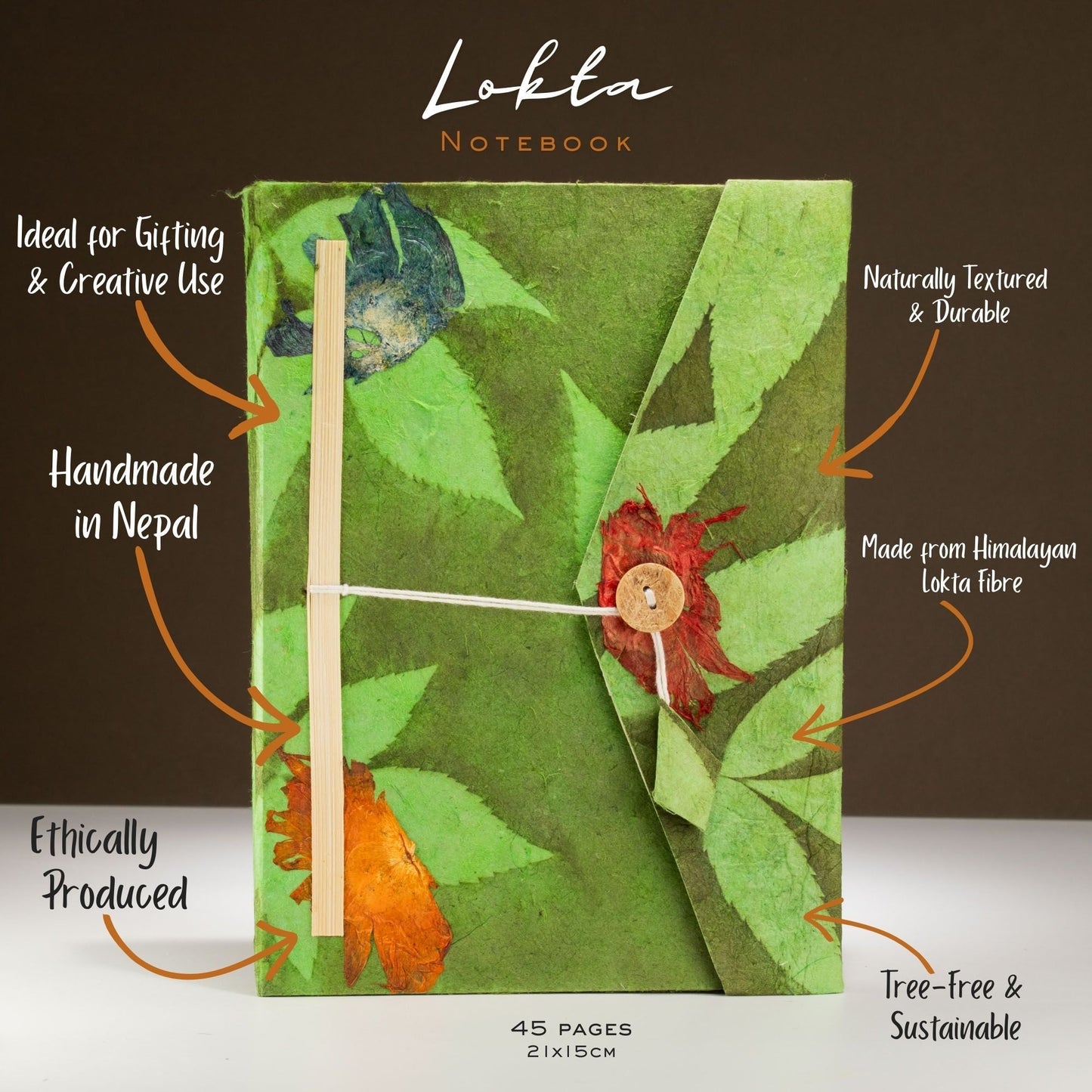 Lokta Bold Floral Notebook - Large (21x15cm) - 45 Leaves - Includes Bookmark - Moss Green - Luna Panther