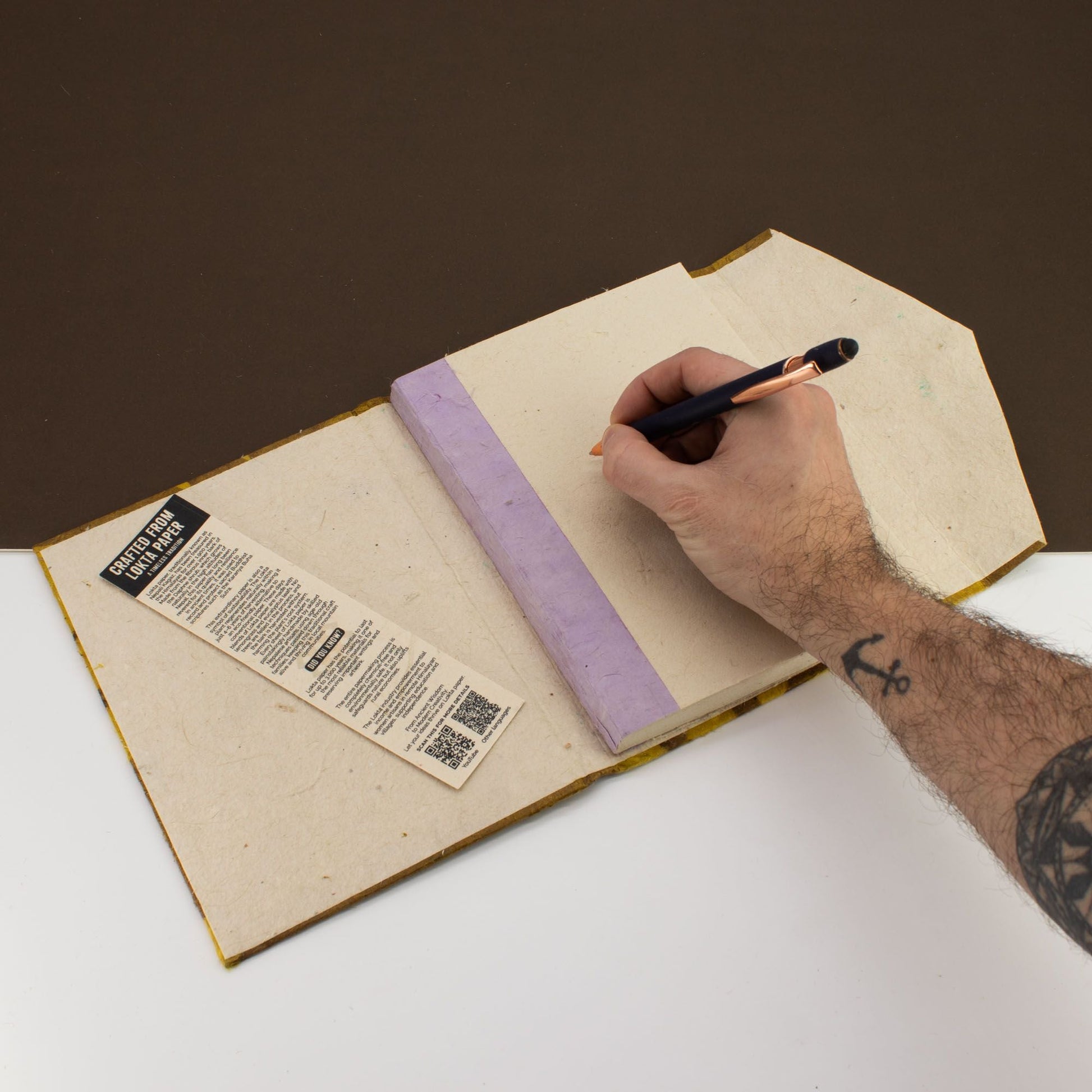 Lokta Bold Floral Notebook - Large (21x15cm) - 45 Leaves - Includes Bookmark - Mustard Brown - Luna Panther