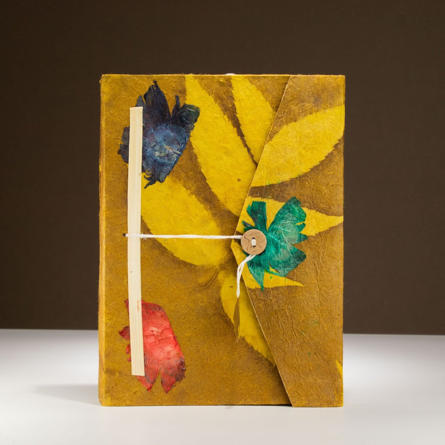 Lokta Bold Floral Notebook - Large (21x15cm) - 45 Leaves - Includes Bookmark - Mustard Brown - Luna Panther