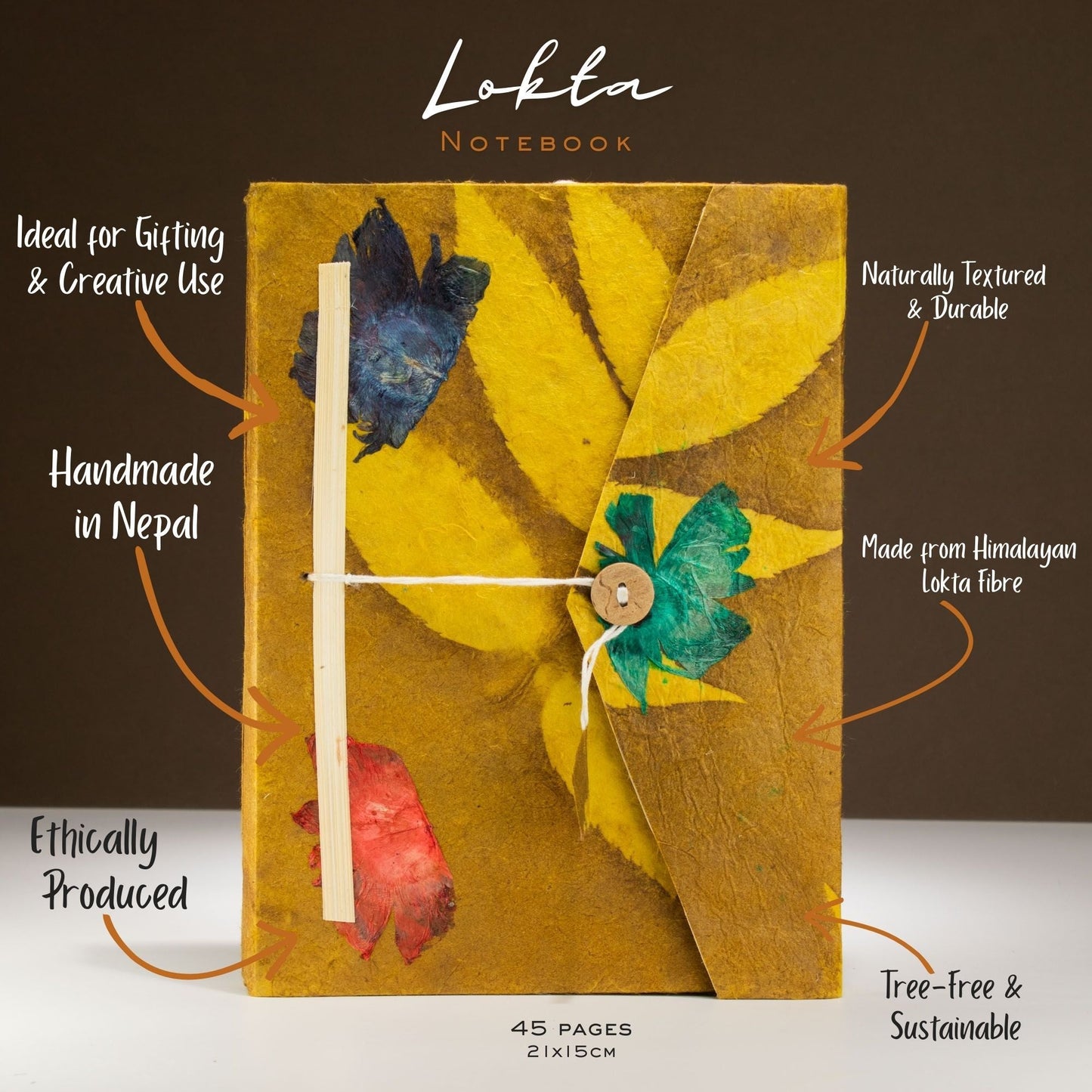 Lokta Bold Floral Notebook - Large (21x15cm) - 45 Leaves - Includes Bookmark - Mustard Brown - Luna Panther