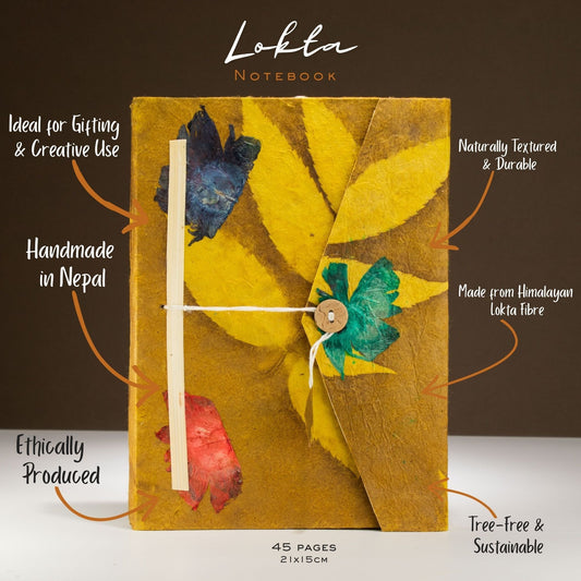 Lokta Bold Floral Notebook - Large (21x15cm) - 45 Leaves - Includes Bookmark - Mustard Brown - Luna Panther alternate view