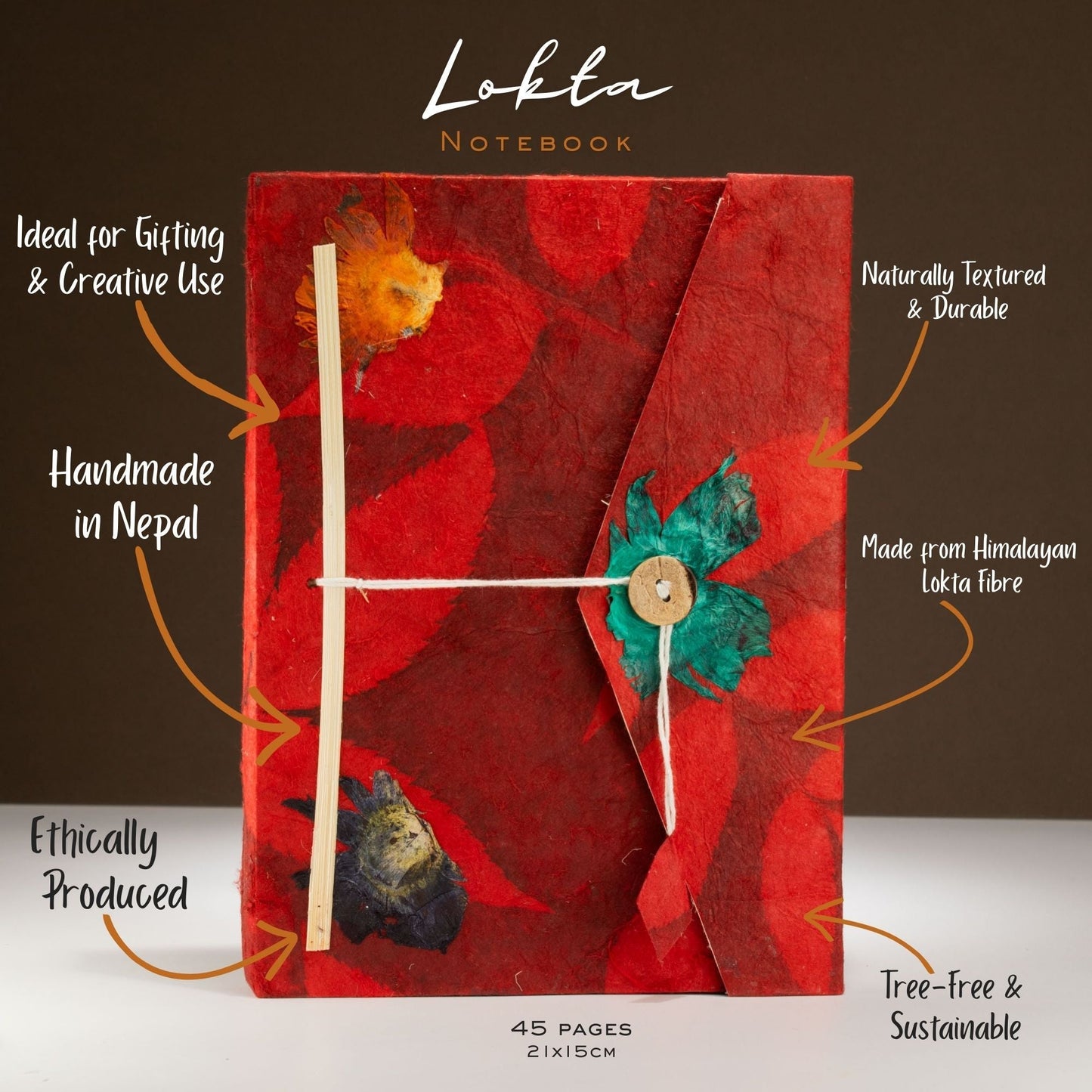 Lokta Bold Floral Notebook - Large (21x15cm) - 45 Leaves - Includes Bookmark - Ruby - Luna Panther