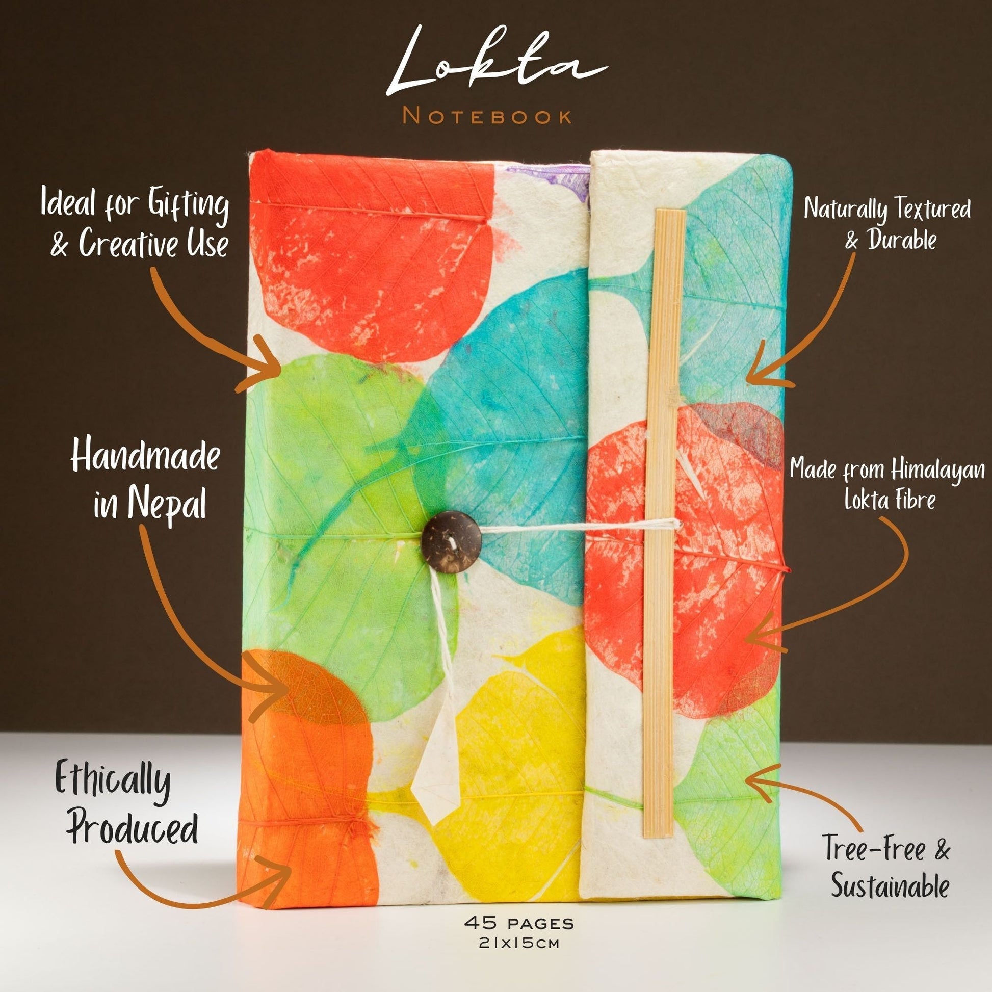Lokta Colorful Leafs Notebook - Large (21x15cm) - 45 Leaves - Luna Panther