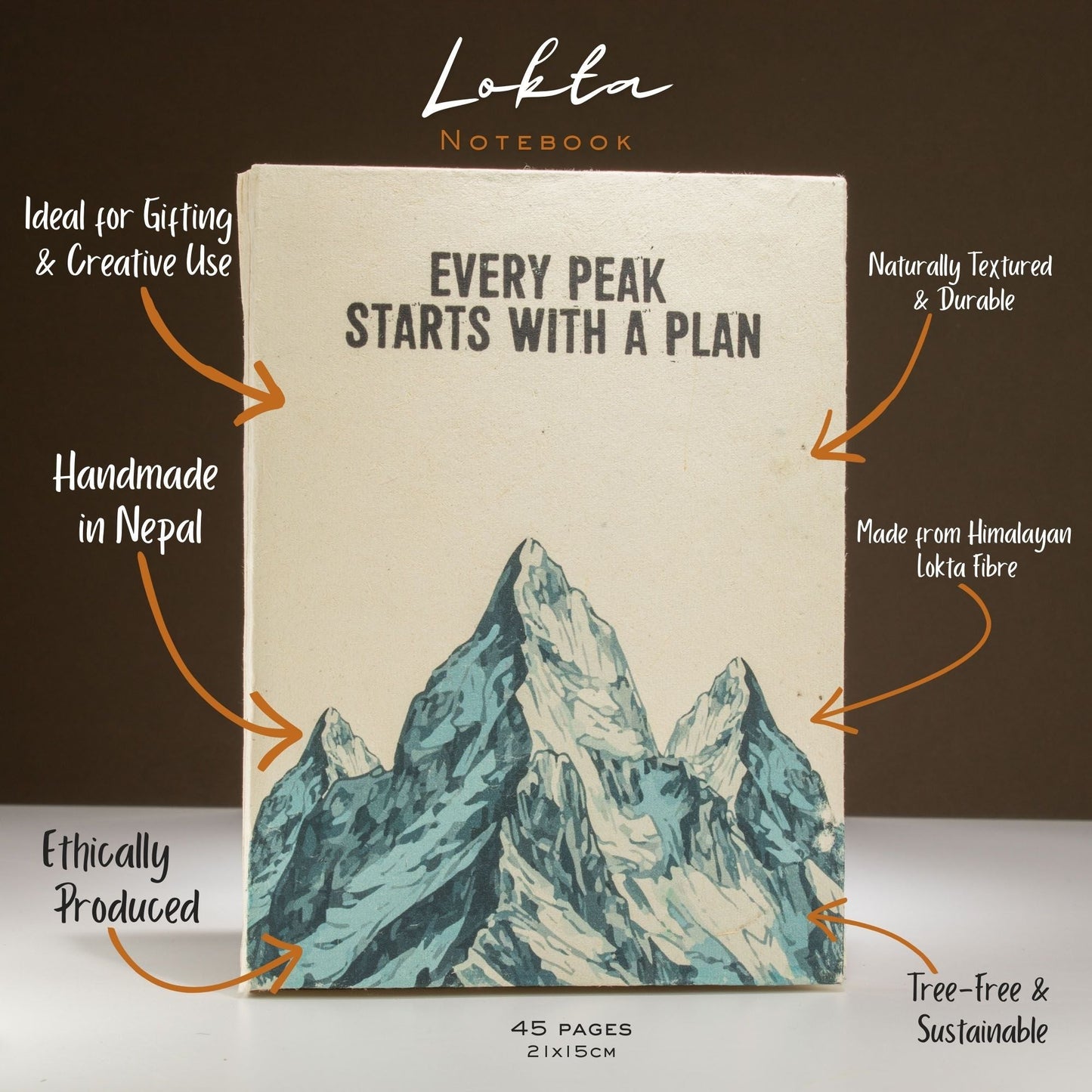 Lokta Inspiration Notebook - Every Peak - Large (21x15cm) - 45 Leaves - Includes Bookmark - Luna Panther