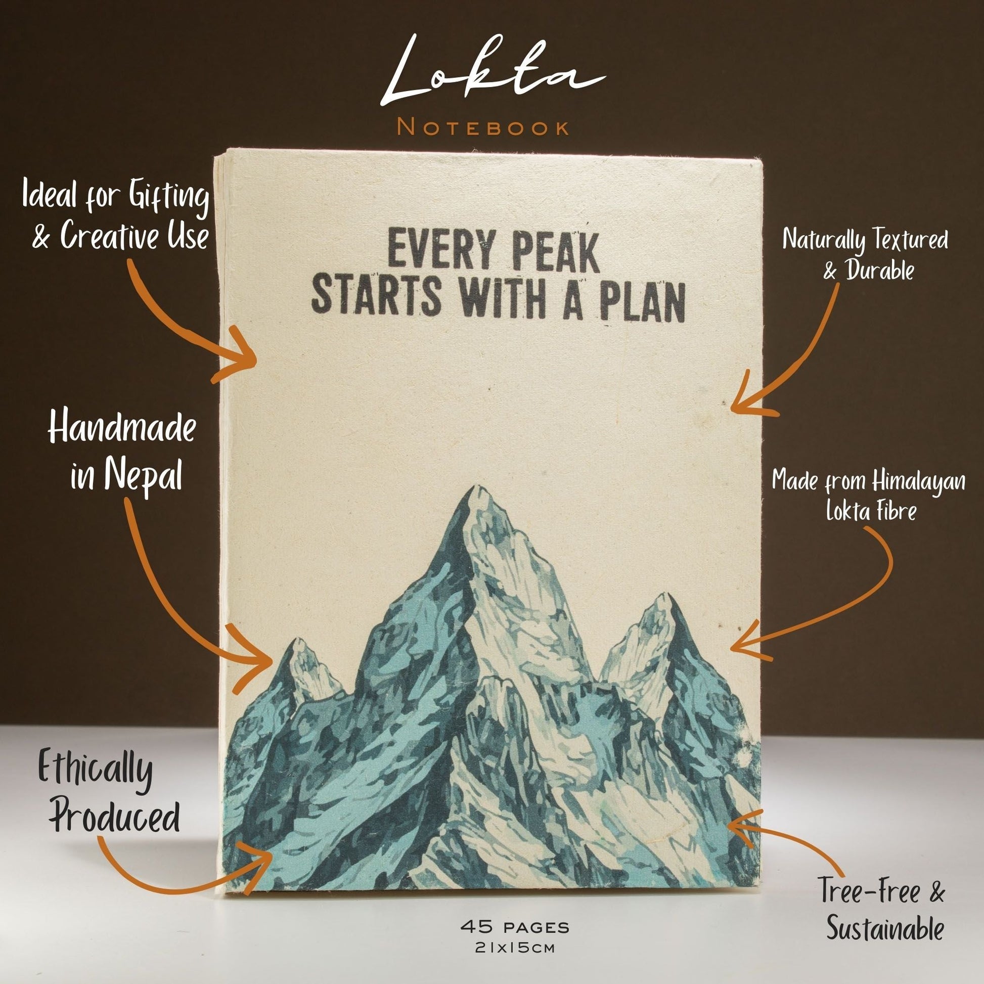 Lokta Inspiration Notebook - Every Peak - Large (21x15cm) - 45 Leaves - Includes Bookmark - Luna Panther