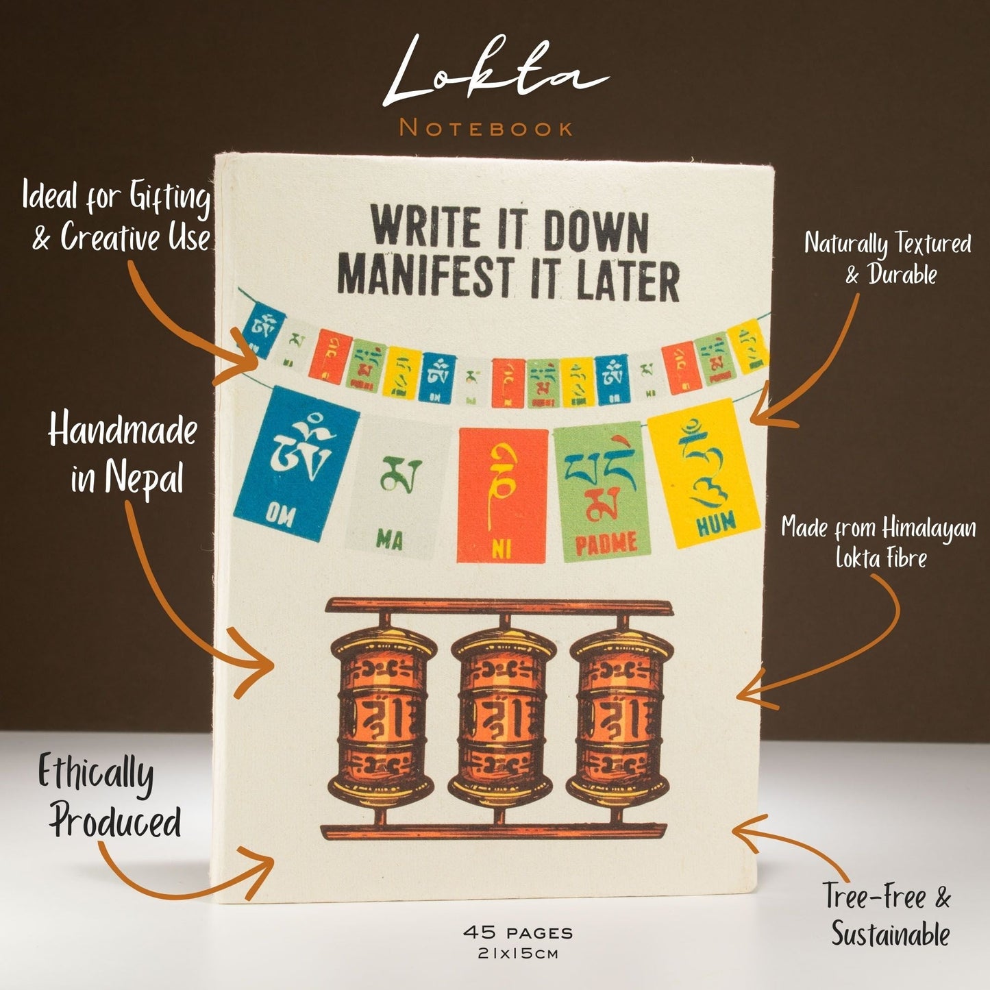 Lokta Inspiration Notebook - Write It Down - Large (21x15cm) - 45 Leaves - Includes Bookmark - Luna Panther