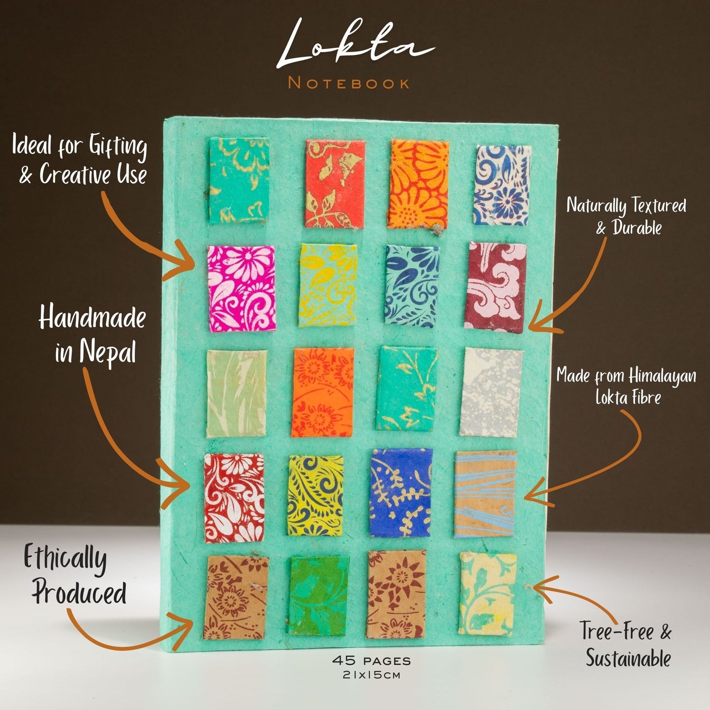 Lokta Mini Tiles Notebook - Large (21x15cm) - 45 Leaves - Includes Bookmark - Teal - Luna Panther