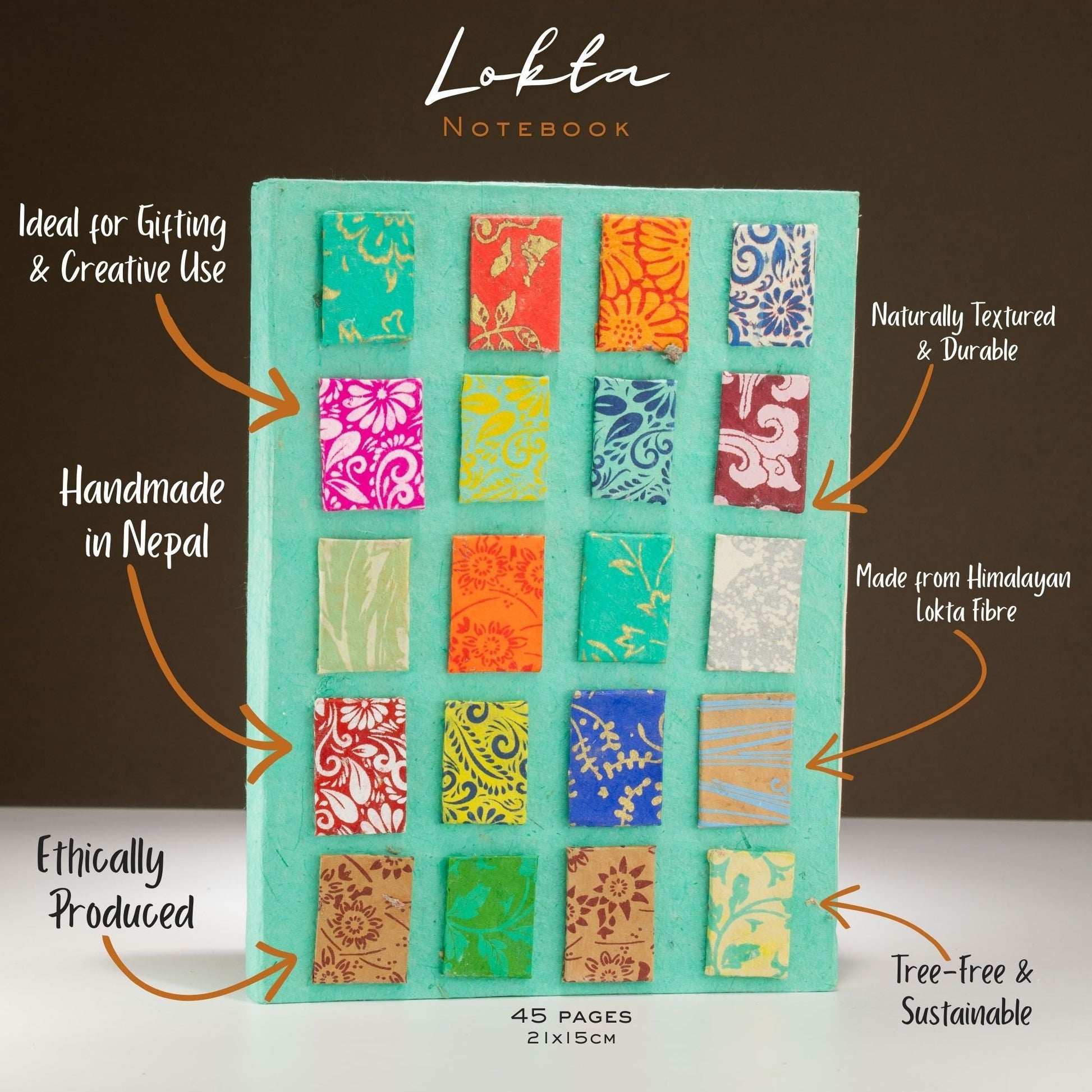 Lokta Mini Tiles Notebook - Large (21x15cm) - 45 Leaves - Includes Bookmark - Teal - Luna Panther