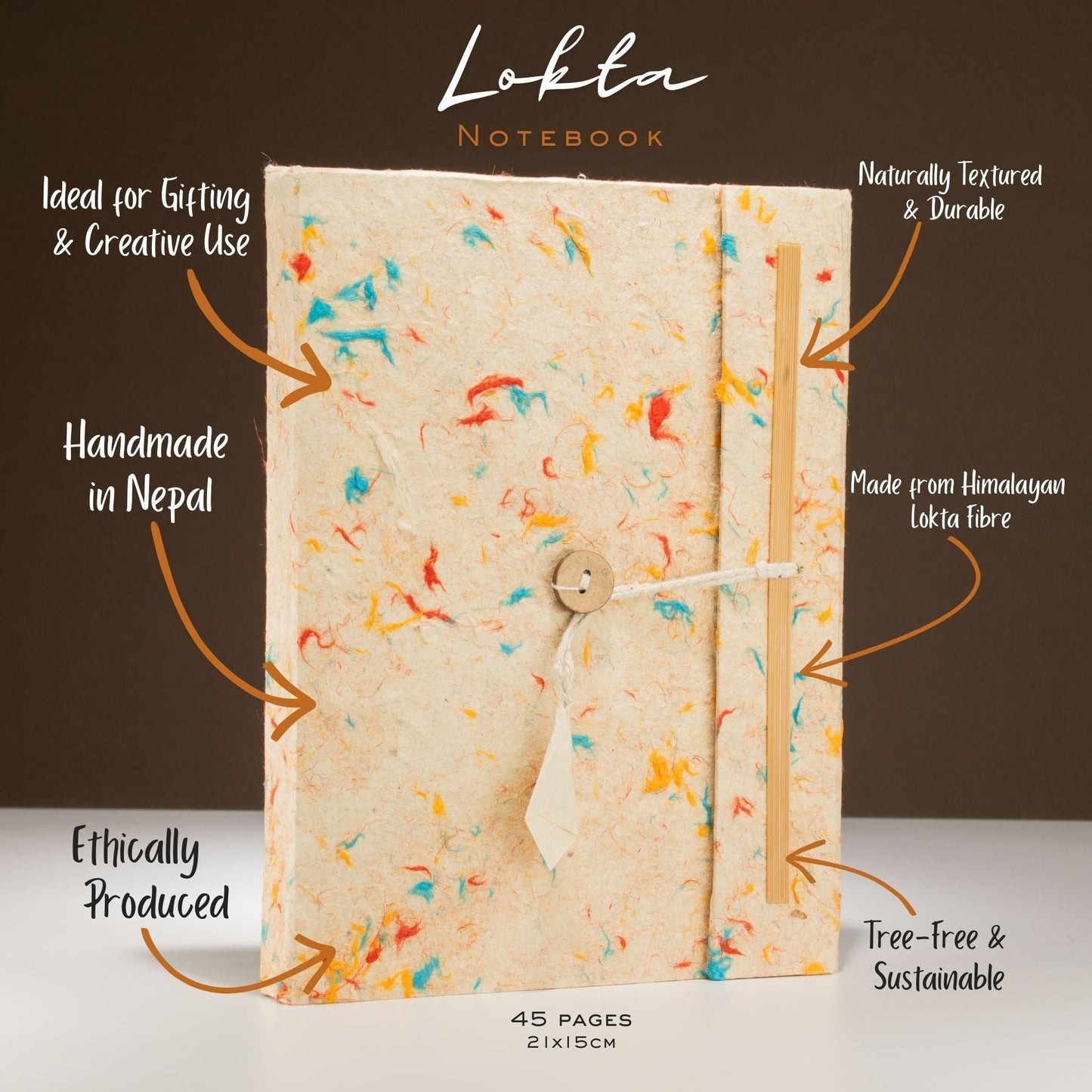 Lokta Mixed Colour Cotton Notebook - Large (21x15cm) - 45 Leaves - Includes Bookmark - Luna Panther