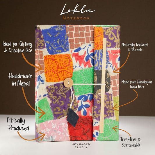 Lokta Patchwork Notebook - Large (21x15cm) - 45 Leaves - Includes Bookmark - Multi Colour - Luna Panther alternate view