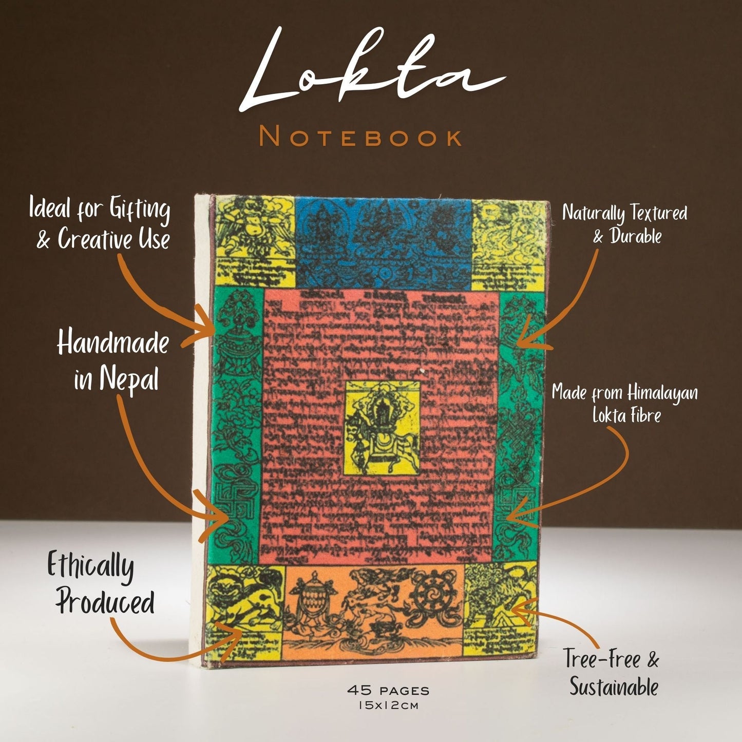 Lokta Traditional Prayer Flag Notebook - Medium (15x12cm) - 45 Leaves - Natural - Luna Panther