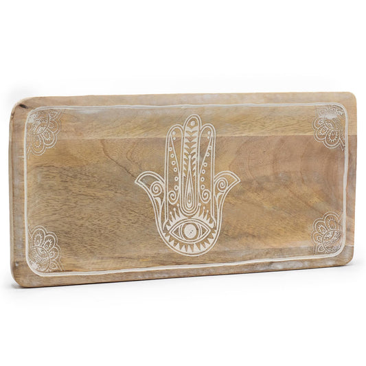 Long Tray 30x15x2.5cm - Hamsa Design Whitewash - Luna Panther