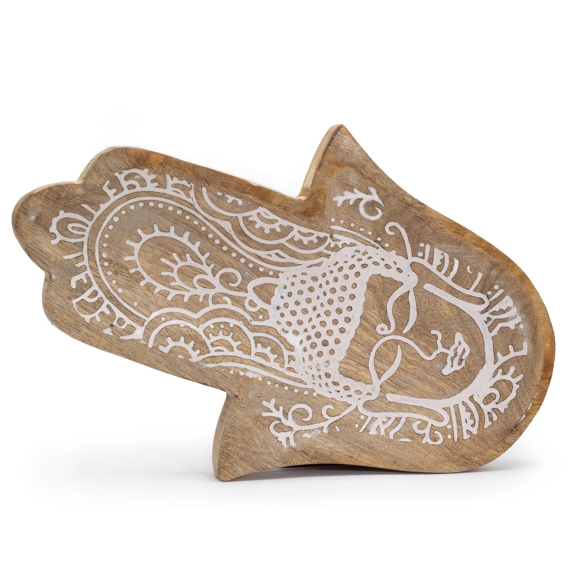 Long Tray 30x20.5x2.5cm - Hamsa Shape with Buddha Whitewash - Luna Panther