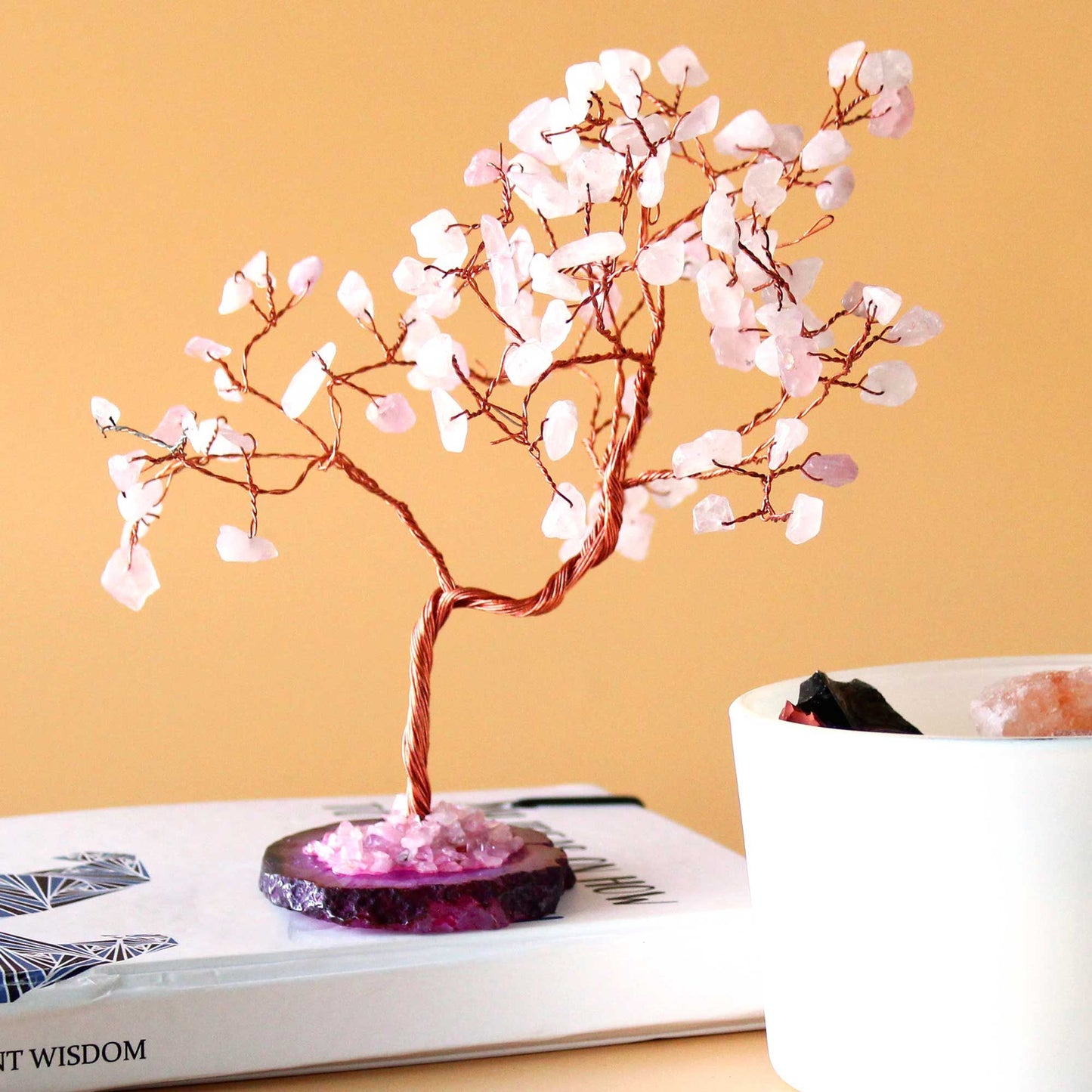 Polished Lrg Gemstone Tree - Rose Quartz on Pink Agate Base (100 stones) featuring soft pink tone and gentle translucence - Luna Panther