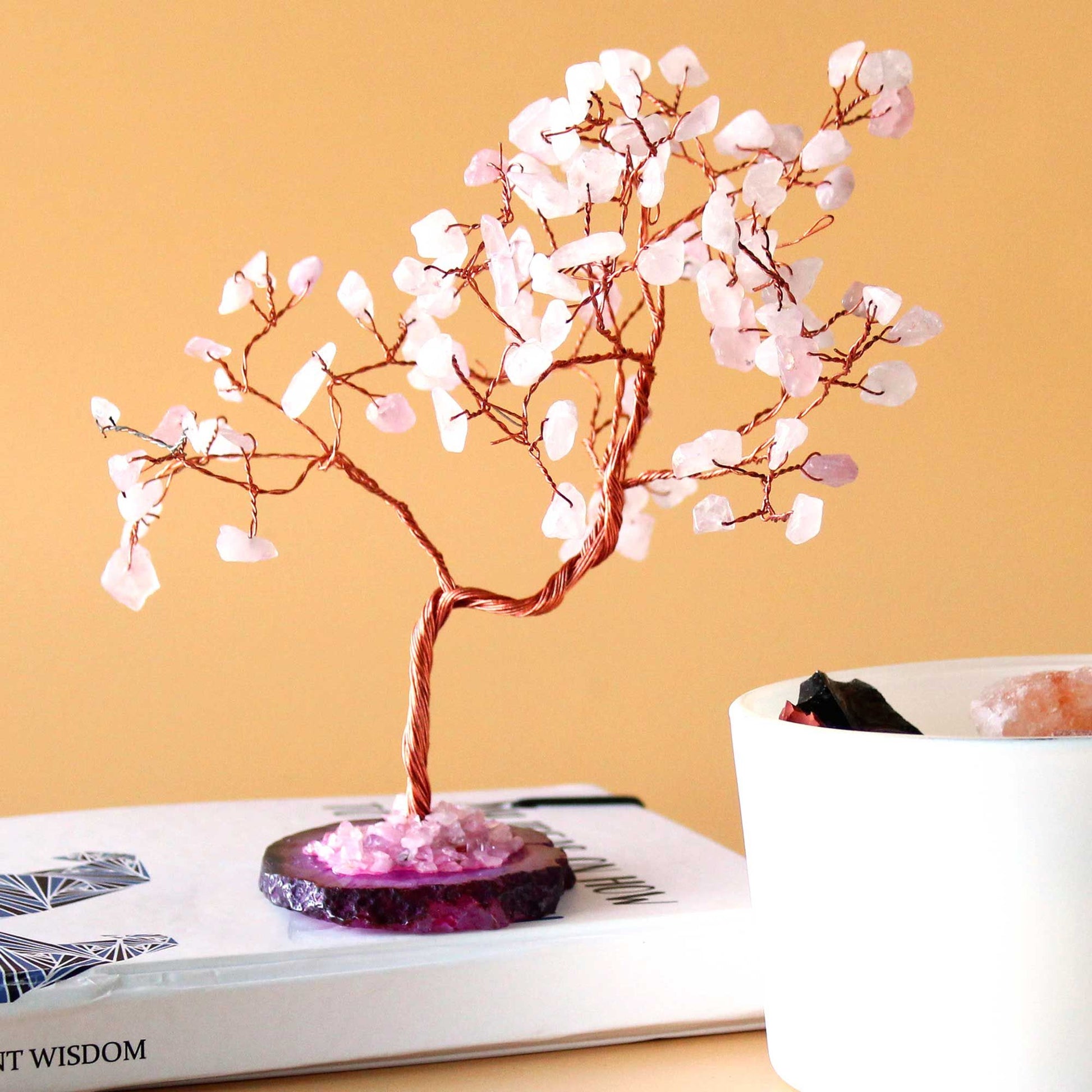 Polished Lrg Gemstone Tree - Rose Quartz on Pink Agate Base (100 stones) featuring soft pink tone and gentle translucence - Luna Panther