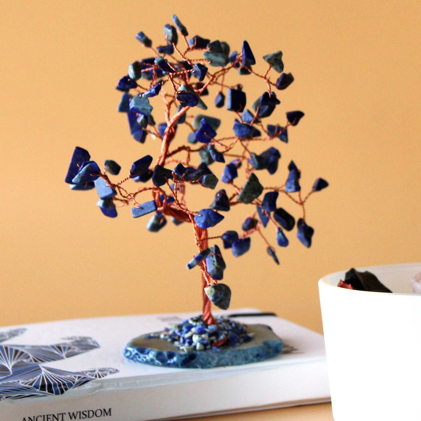 Polished Lrg Gemstone Tree - Sodalite on Blue Agate Base (100 stones) featuring navy-blue tone with white veining - Luna Panther