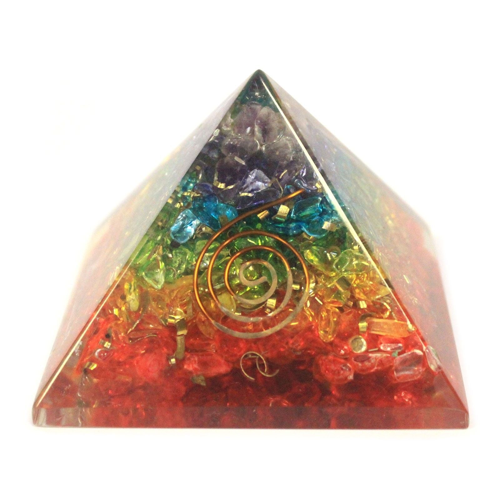 Polished Lrg Orgonite Pyramid 70mm - Chakra Gemchips featuring natural patterning and unique variations - Luna Panther