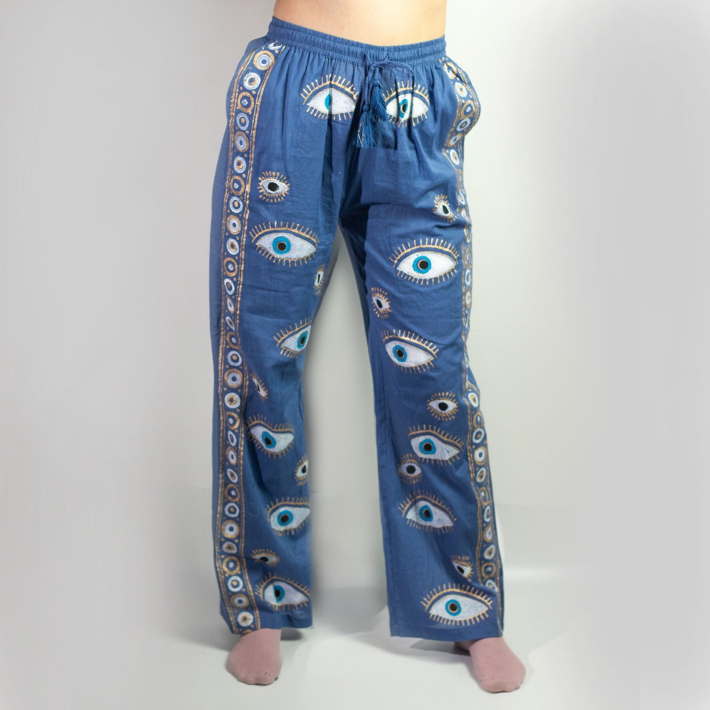 Polished (LXL) Nomad Sari On the Med Collection - Lounge Pants - Rich Blue & Gold Hand Painted Evil Eye Design featuring natural patterning - Luna Panther
