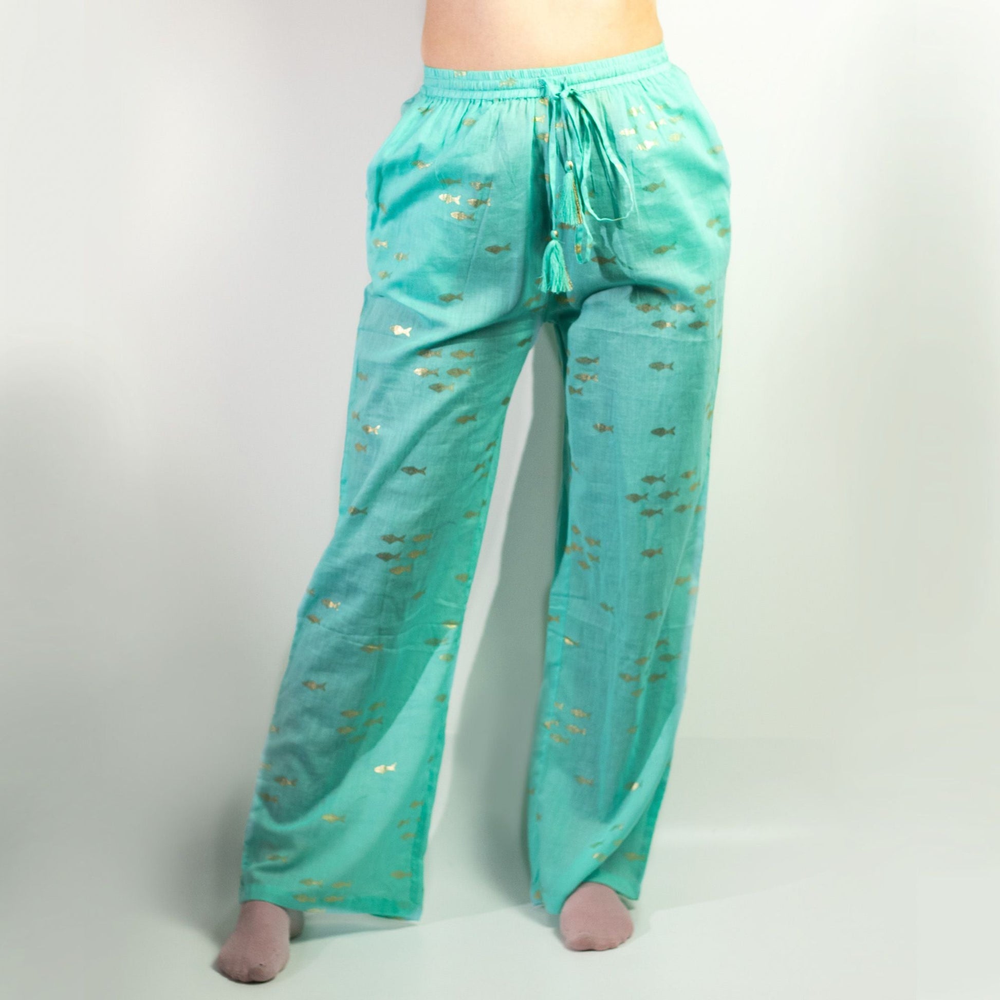 Polished (LXL) Nomad Sari On the Med Collection - Lounge Pants - Turquoise & Gold Fish Design featuring natural patterning - Luna Panther