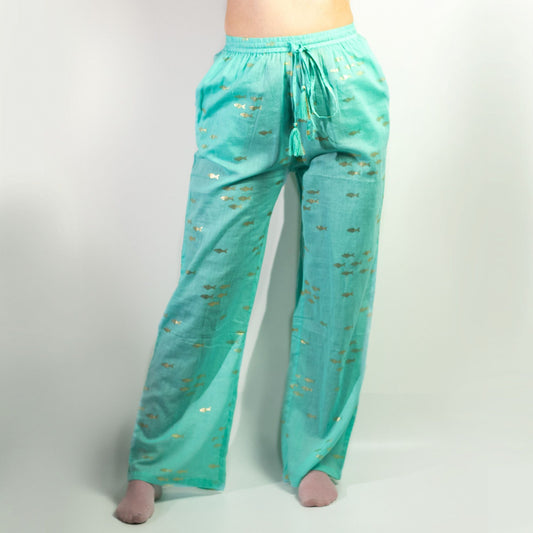 Polished (LXL) Nomad Sari On the Med Collection - Lounge Pants - Turquoise & Gold Fish Design featuring natural patterning - Luna Panther