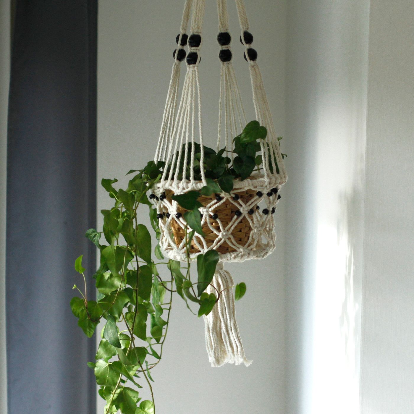 Macrame Pot Holder - Large Single Beaded - Luna Panther