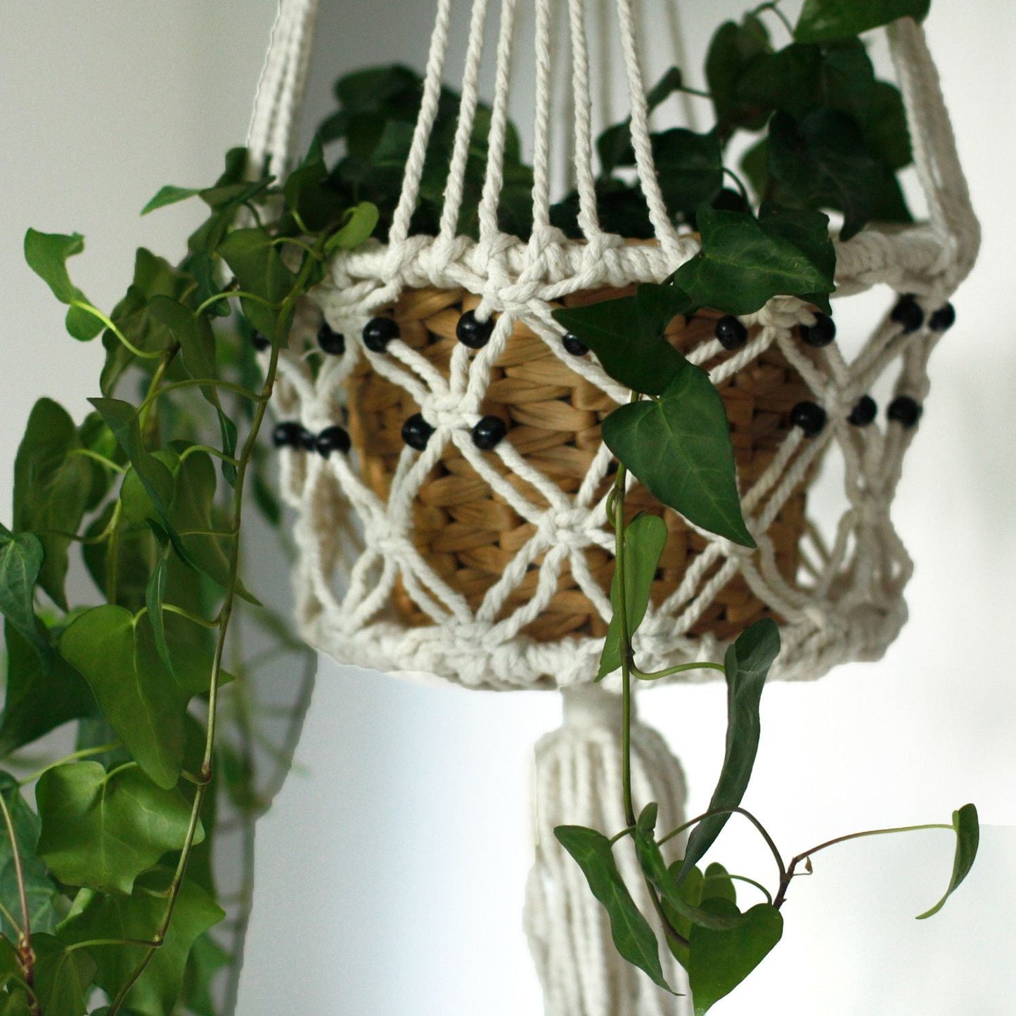 Macrame Pot Holder - Large Single Beaded - Luna Panther
