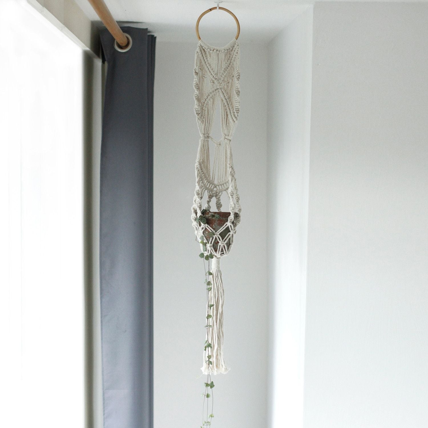 Macrame Pot Holder - Long With Rattan Hoop - Luna Panther