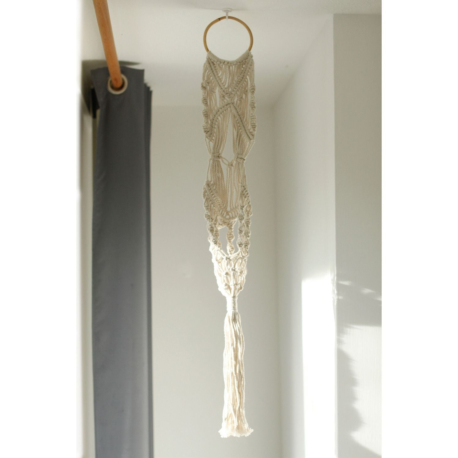 Macrame Pot Holder - Long With Rattan Hoop - Luna Panther