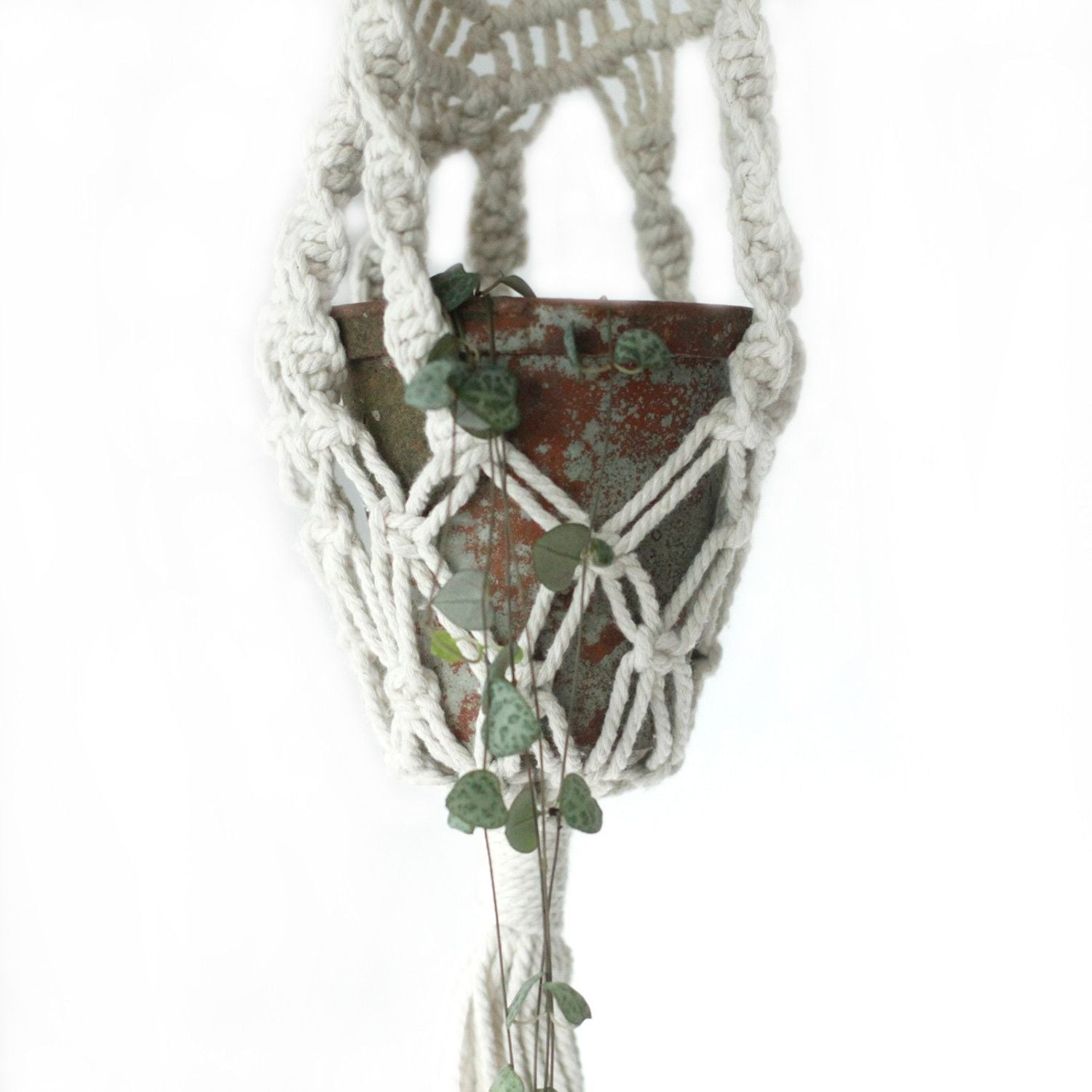 Macrame Pot Holder - Long With Rattan Hoop - Luna Panther