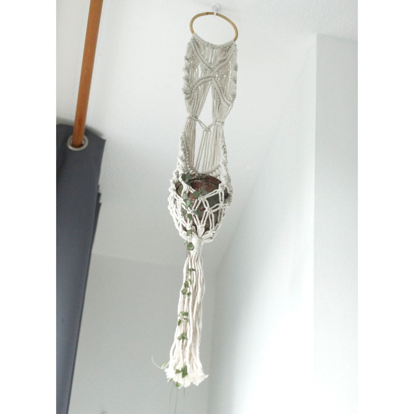 Macrame Pot Holder - Long With Rattan Hoop - Luna Panther