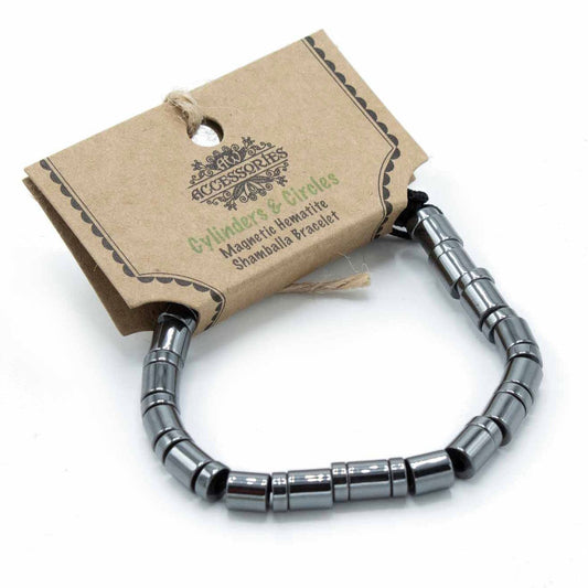 Polished Magnetic Hematite Shamballa Bracelet - Cylinders & Circles featuring metallic grey sheen and mirror finish - Luna Panther
