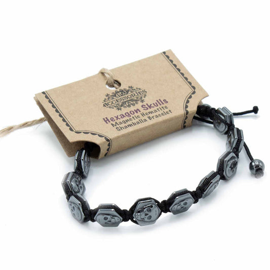 Polished Magnetic Hematite Shamballa Bracelet - Hexagon Skulls featuring metallic grey sheen and mirror finish - Luna Panther