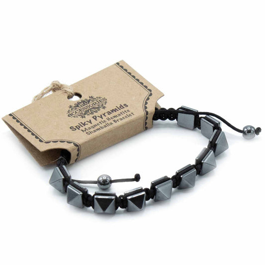 Polished Magnetic Hematite Shamballa Bracelet - Spiky Pyramids featuring metallic grey sheen and mirror finish - Luna Panther