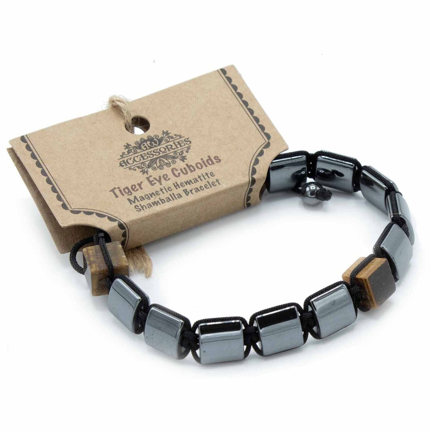 Polished Magnetic Hematite Shamballa Bracelet - Tiger Eye Cuboids featuring metallic grey sheen and mirror finish - Luna Panther