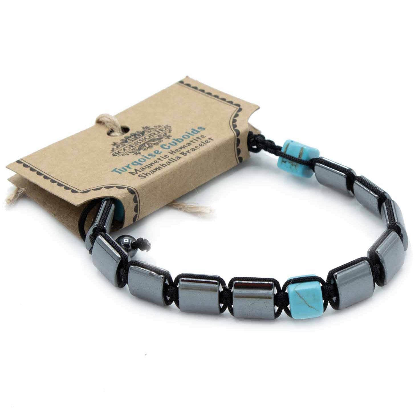 Polished Magnetic Hematite Shamballa Bracelet - Turqoise Cuboids featuring metallic grey sheen and mirror finish - Luna Panther